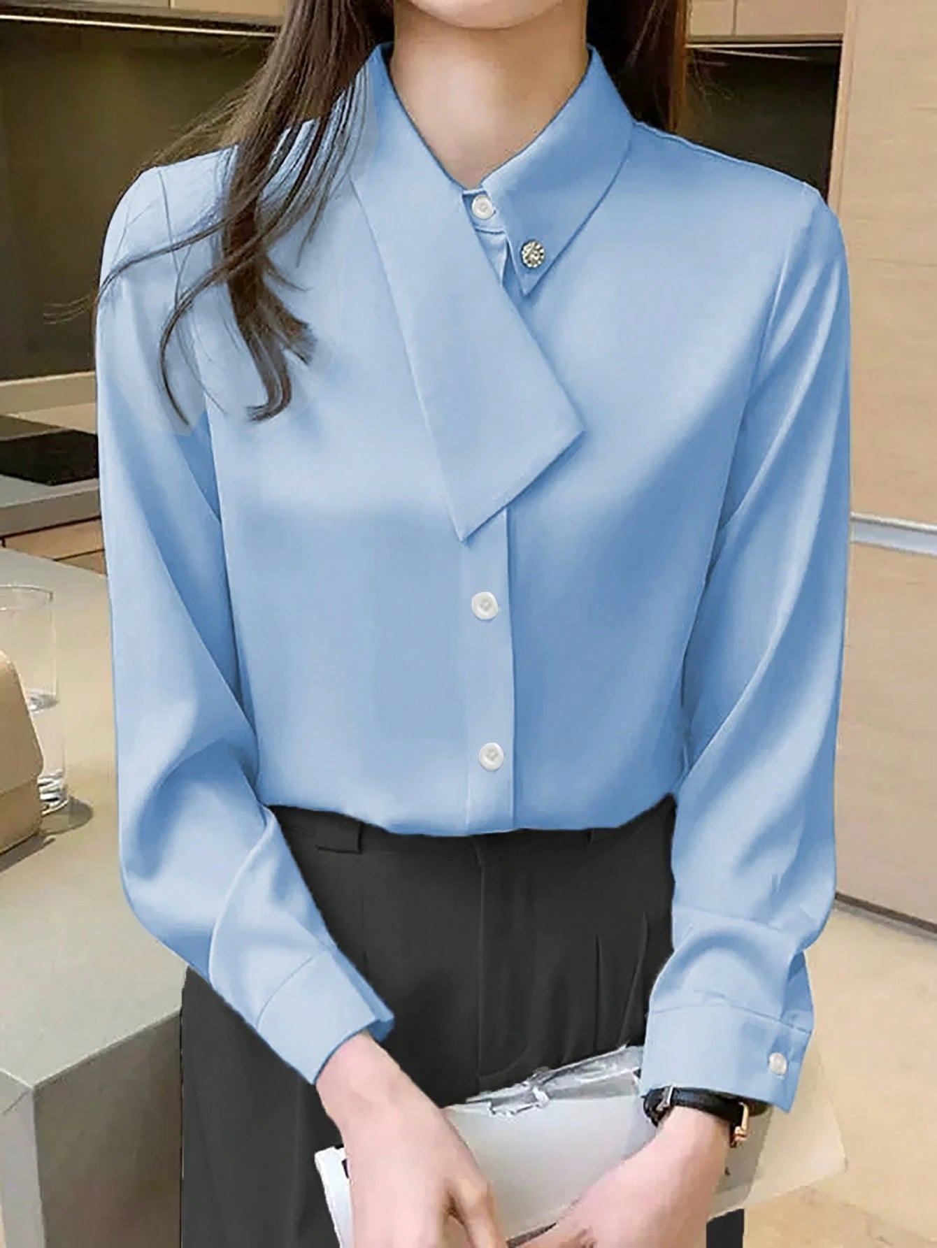 EMERY ROSE Asymmetrical Collar Versatile Elegant Women Commuter T-Shirt Fall Cloth For Women