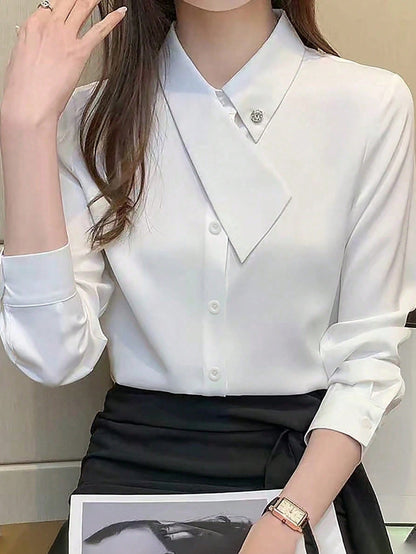 EMERY ROSE Asymmetrical Collar Versatile Elegant Women Commuter T-Shirt Fall Cloth For Women
