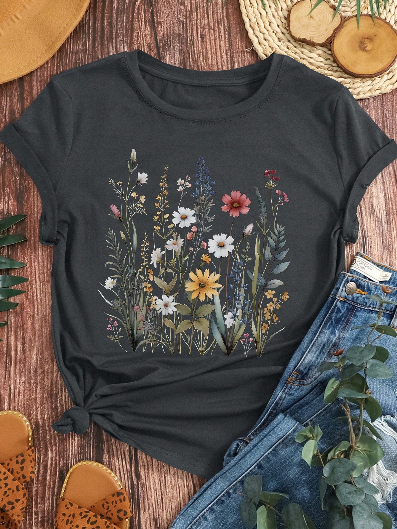 EMERY ROSE Floral Pattern&Wear Comfortably&Round Neck T-Shirt&Summer&Spring,Women's Clothing Graphic Tees Women Tops