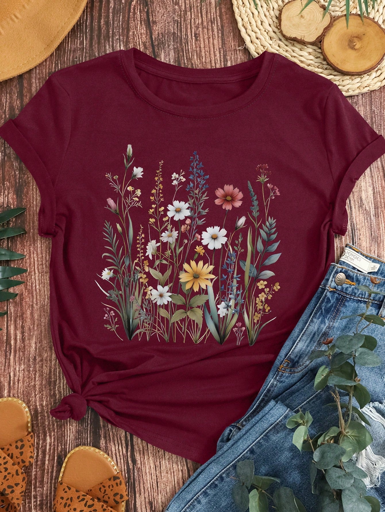 EMERY ROSE Floral Pattern&Wear Comfortably&Round Neck T-Shirt&Summer&Spring,Women's Clothing Graphic Tees Women Tops