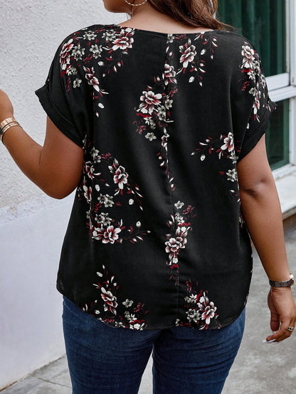 EMERY ROSE Plus Floral Print Notched Neckline Batwing Sleeve Blouse, Summer