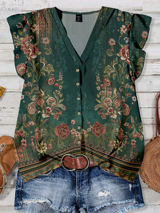 EMERY ROSE Plus Size Casual Vintage Floral Print Ruffle Hem Shirt, Suitable For Summer Fall