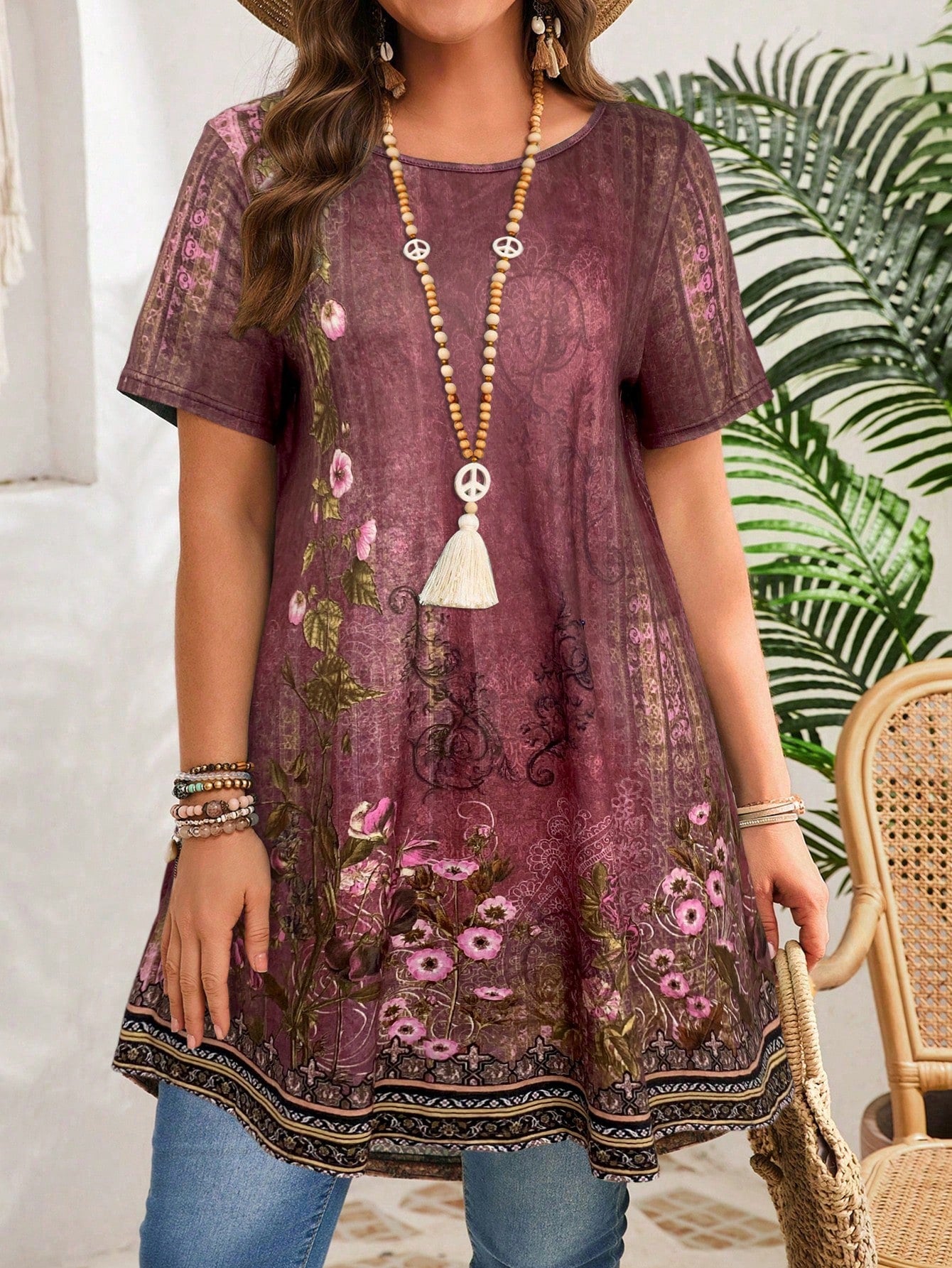 EMERY ROSE Plus Size Crew Neck Short Sleeve Floral Print Casual Blouse, Everyday Wear,Summer,Tropical Vacation