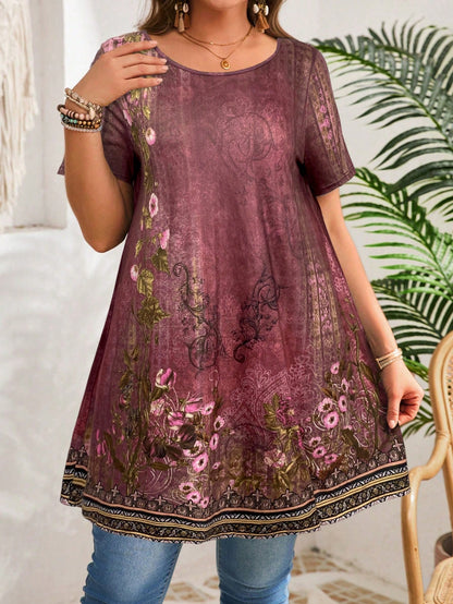 EMERY ROSE Plus Size Crew Neck Short Sleeve Floral Print Casual Blouse, Everyday Wear,Summer,Tropical Vacation