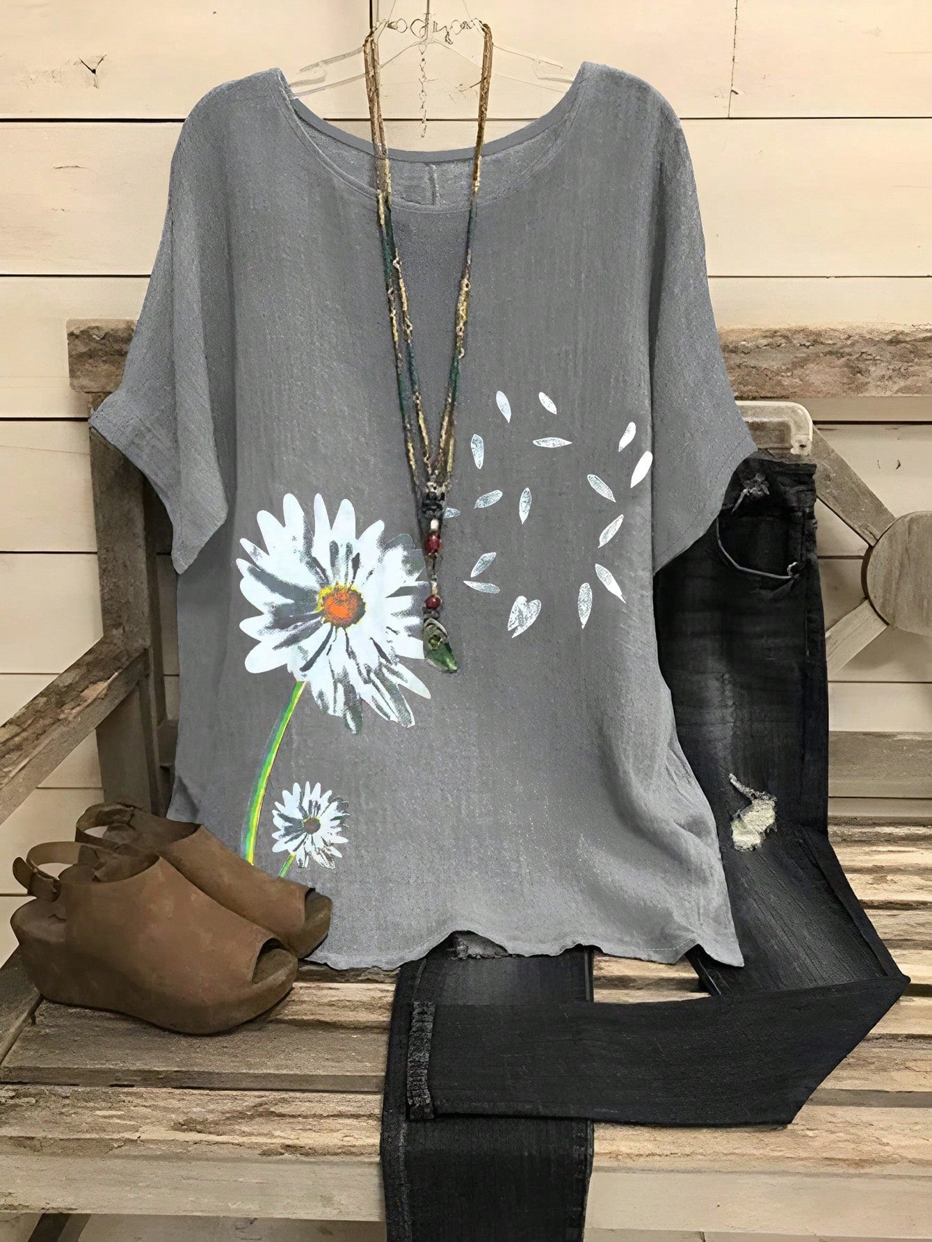 EMERY ROSE Plus Size Printed Casual Elegant Round Neck Drop Shoulder Shirt