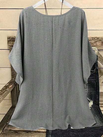 EMERY ROSE Plus Size Printed Casual Elegant Round Neck Drop Shoulder Shirt