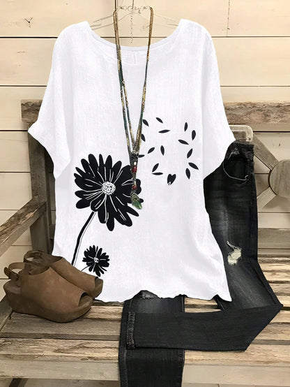EMERY ROSE Plus Size Printed Casual Elegant Round Neck Drop Shoulder Shirt