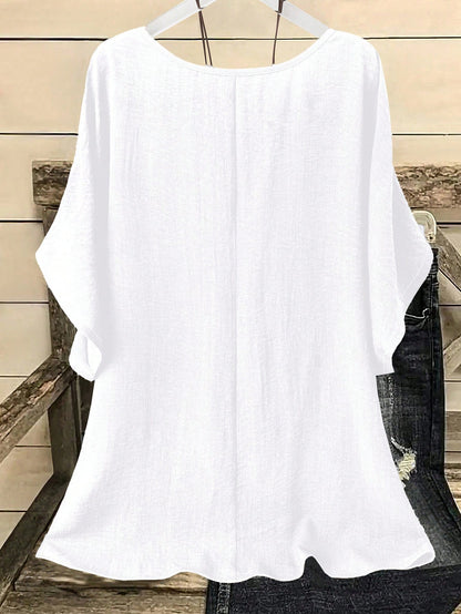 EMERY ROSE Plus Size Printed Casual Elegant Round Neck Drop Shoulder Shirt