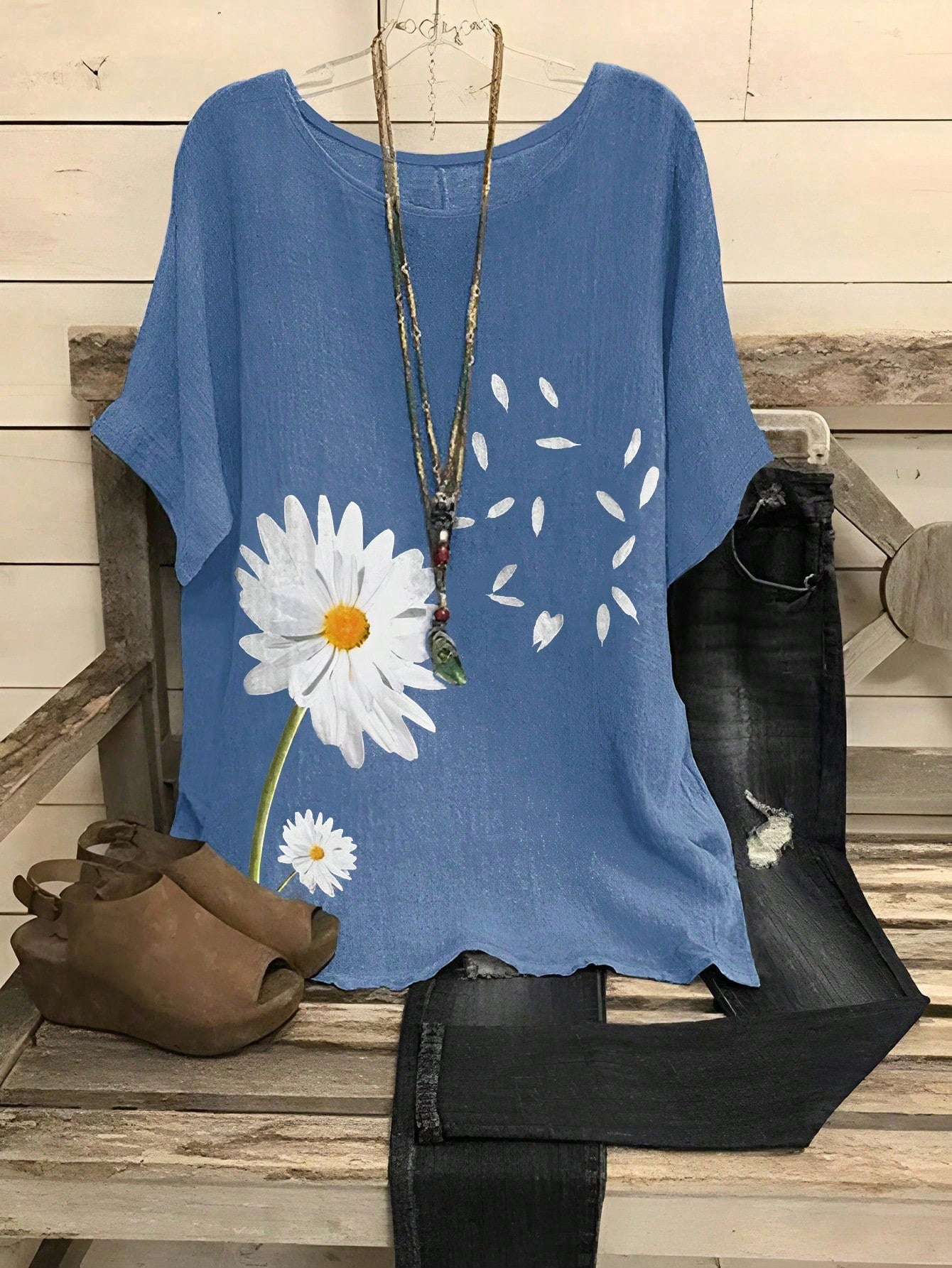 EMERY ROSE Plus Size Printed Casual Elegant Round Neck Drop Shoulder Shirt