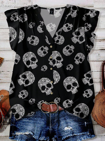 EMERY ROSE Plus Size Women's Halloween Skull Pattern Loose Shirt,V-Neck Flying Sleeves Black And White Summer Goth Everyday Chic Blouse,Casual Vacation Tops Fall