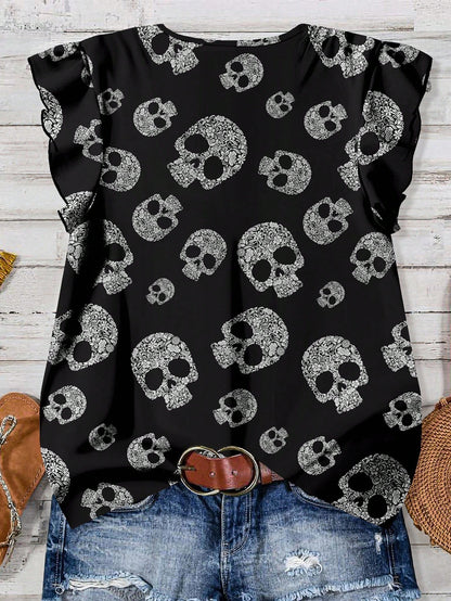 EMERY ROSE Plus Size Women's Halloween Skull Pattern Loose Shirt,V-Neck Flying Sleeves Black And White Summer Goth Everyday Chic Blouse,Casual Vacation Tops Fall