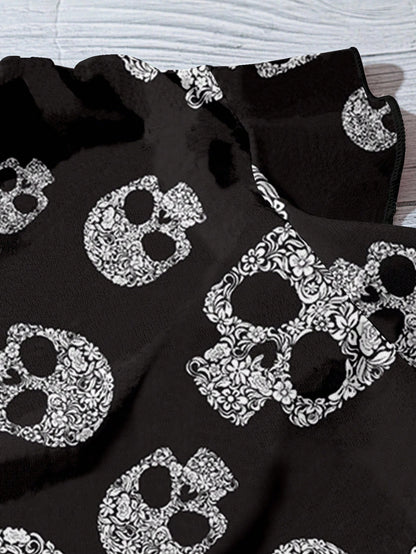 EMERY ROSE Plus Size Women's Halloween Skull Pattern Loose Shirt,V-Neck Flying Sleeves Black And White Summer Goth Everyday Chic Blouse,Casual Vacation Tops Fall