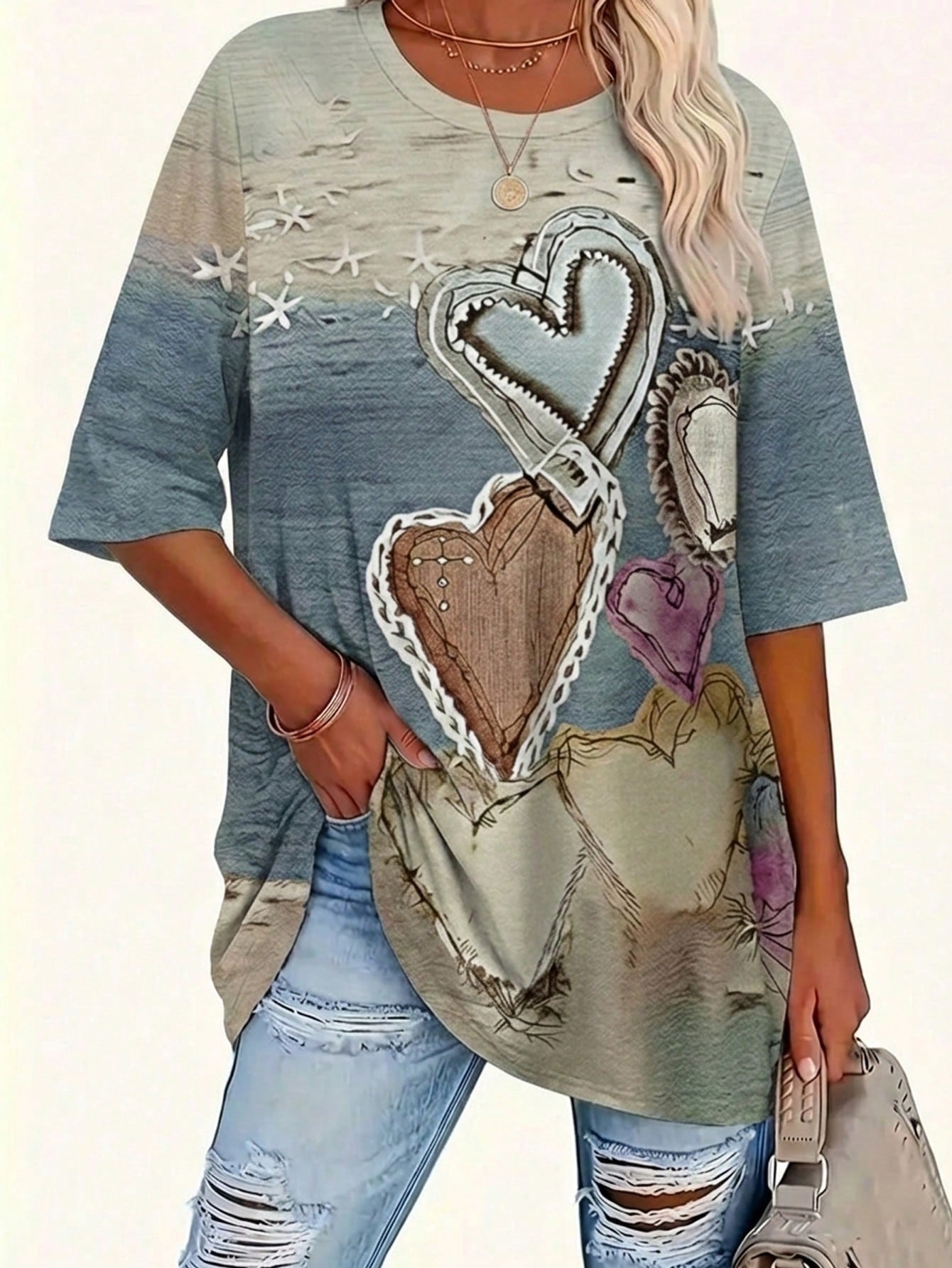 EMERY ROSE Plus Size Women's Lace Patchwork Round Neck Loose T-Shirt