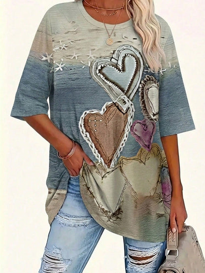 EMERY ROSE Plus Size Women's Lace Patchwork Round Neck Loose T-Shirt