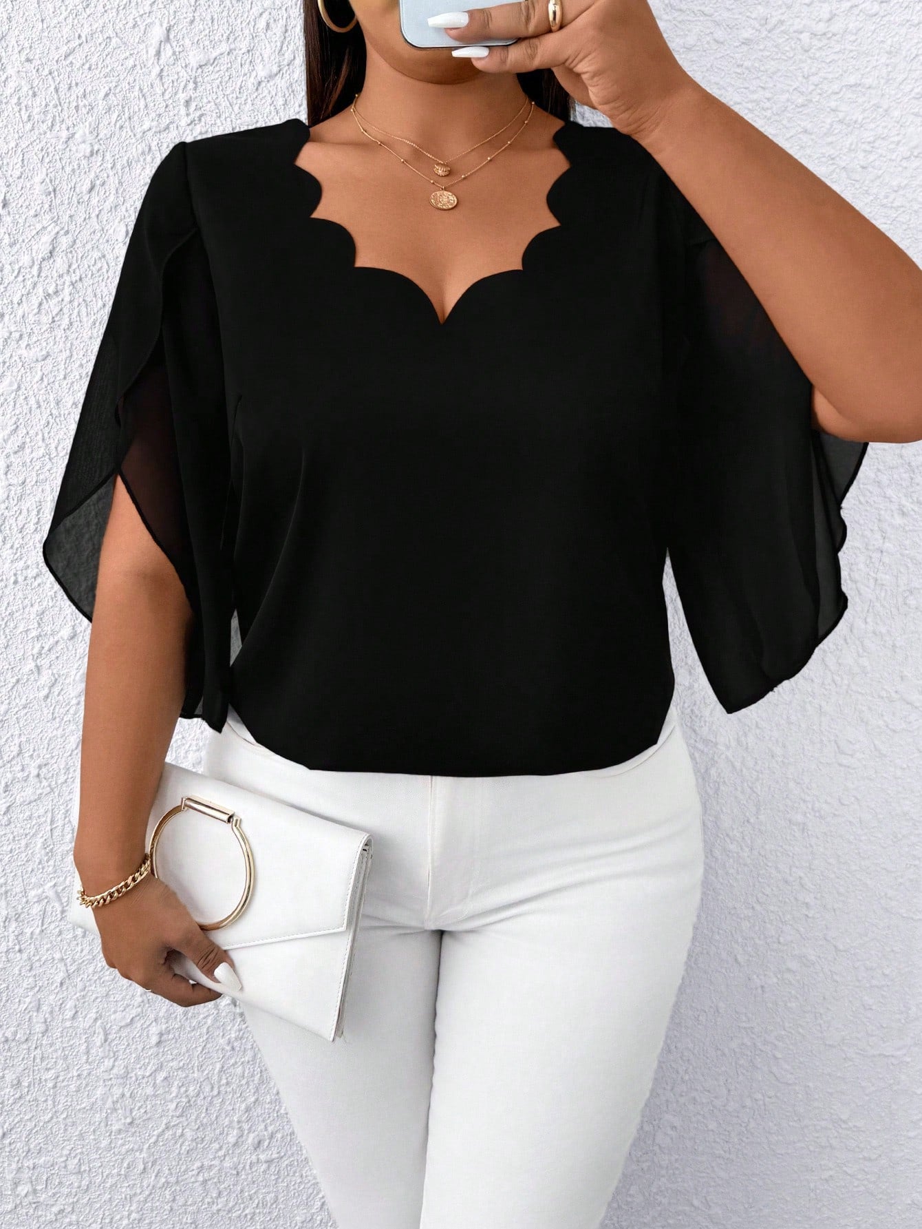 EMERY ROSE Plus Size Women's Luxury Casual Commuter Style Wavy Burnout V-Neck Silver Foil Polka Dot Blouse, Suitable For Daily Commute, Small Banquet Occasions, Light Social Occasions, Daily Casual We
