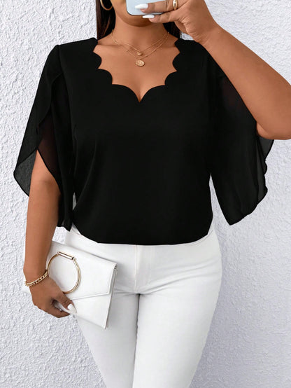 EMERY ROSE Plus Size Women's Luxury Casual Commuter Style Wavy Burnout V-Neck Silver Foil Polka Dot Blouse, Suitable For Daily Commute, Small Banquet Occasions, Light Social Occasions, Daily Casual We