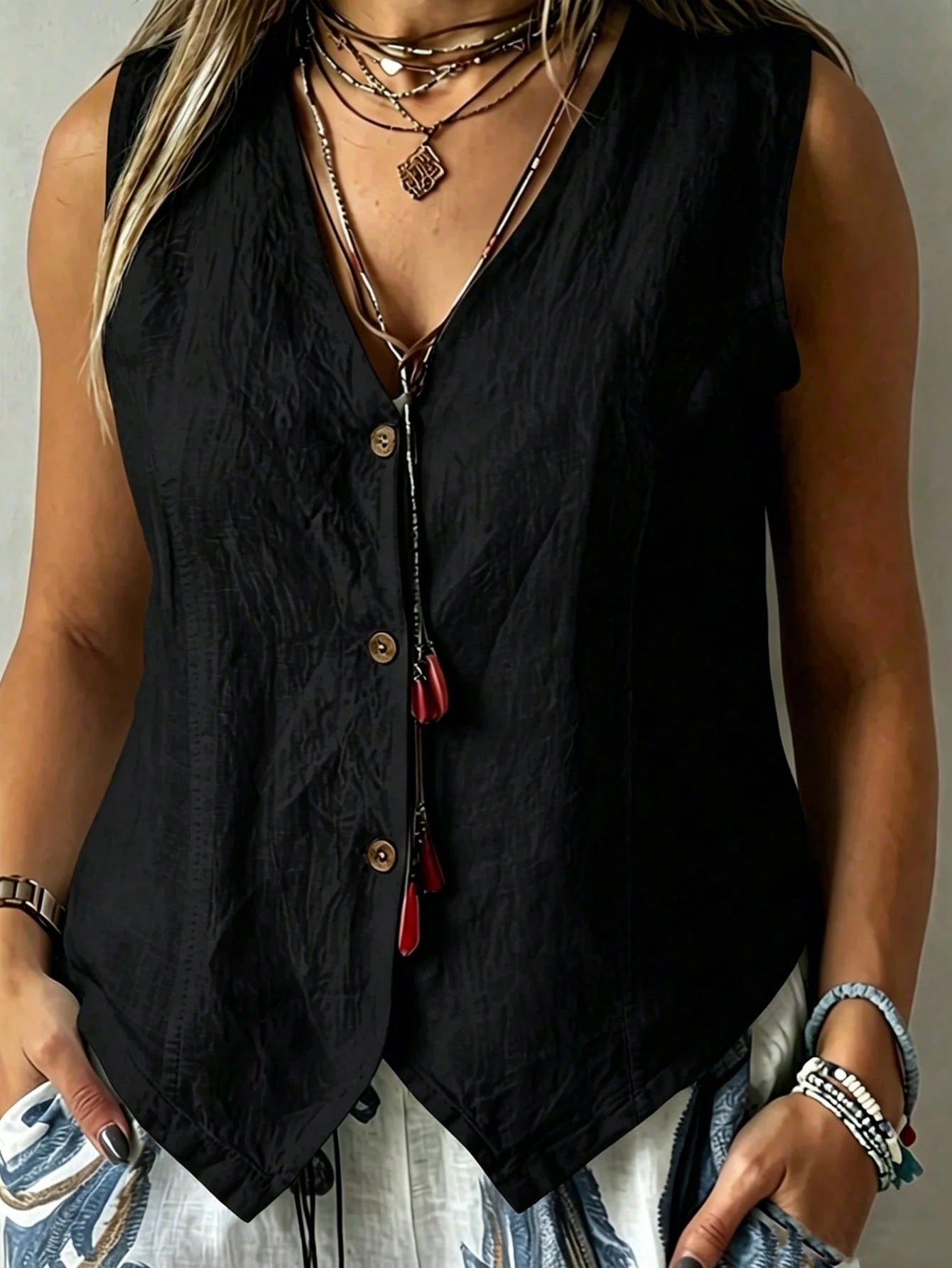 EMERY ROSE Plus Size Women Solid Color Single-Breasted Casual Vest Shirt