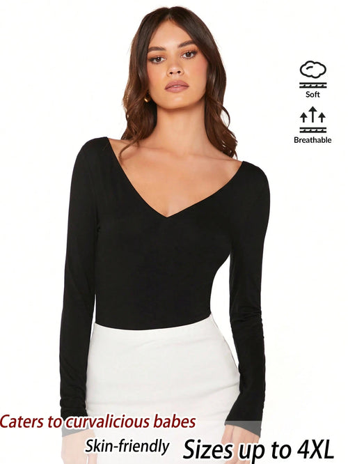 EMERY ROSE Plus Size Women Solid Color V-Neck Long Sleeve Fitted Casual T-Shirt Fall
