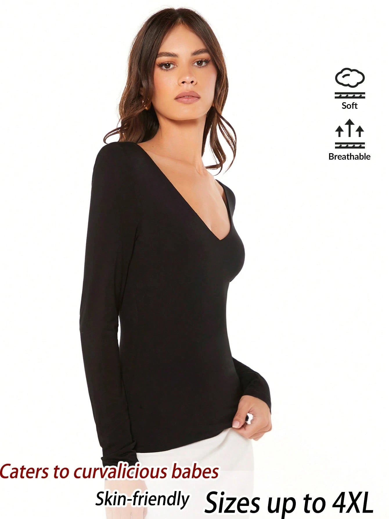 EMERY ROSE Plus Size Women Solid Color V-Neck Long Sleeve Fitted Casual T-Shirt Fall