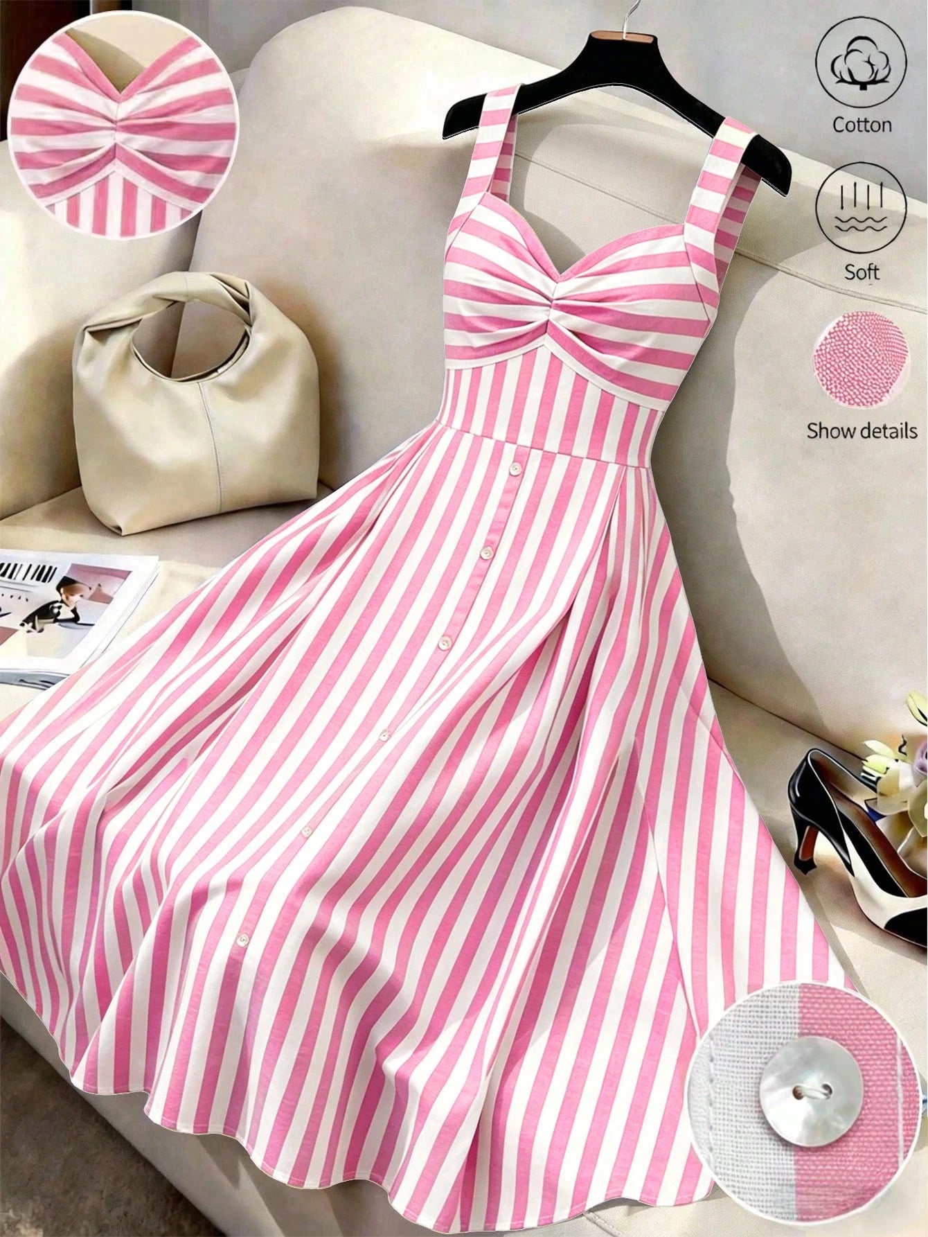 EMERY ROSE Vintage Sweetheart Style Striped Cami Dress, High Waist Slimming A-Line Flared Gentle Elegant Midi Dress