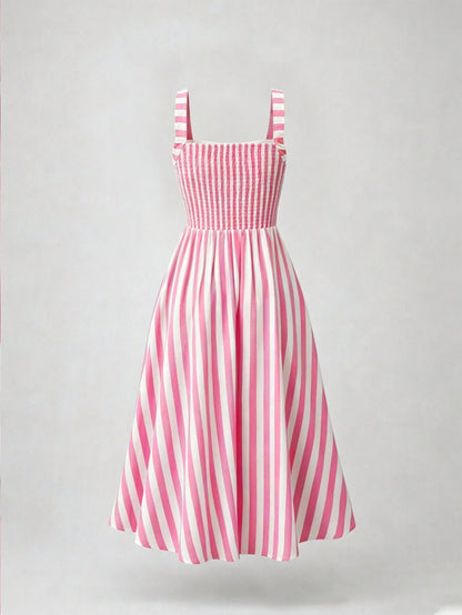 EMERY ROSE Vintage Sweetheart Style Striped Cami Dress, High Waist Slimming A-Line Flared Gentle Elegant Midi Dress