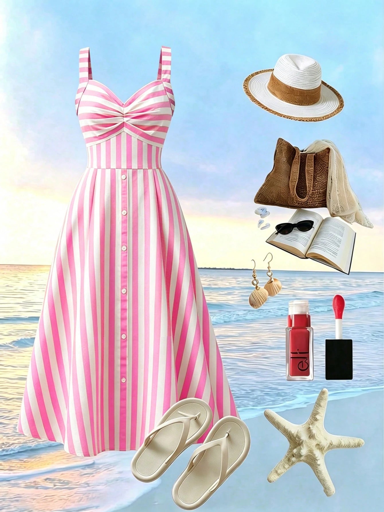 EMERY ROSE Vintage Sweetheart Style Striped Cami Dress, High Waist Slimming A-Line Flared Gentle Elegant Midi Dress