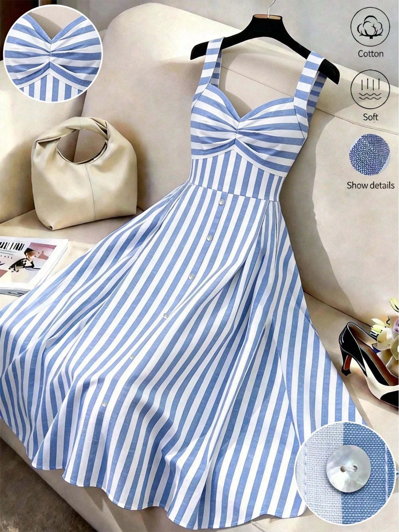 EMERY ROSE Vintage Sweetheart Style Striped Cami Dress, High Waist Slimming A-Line Flared Gentle Elegant Midi Dress
