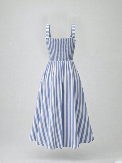 EMERY ROSE Vintage Sweetheart Style Striped Cami Dress, High Waist Slimming A-Line Flared Gentle Elegant Midi Dress