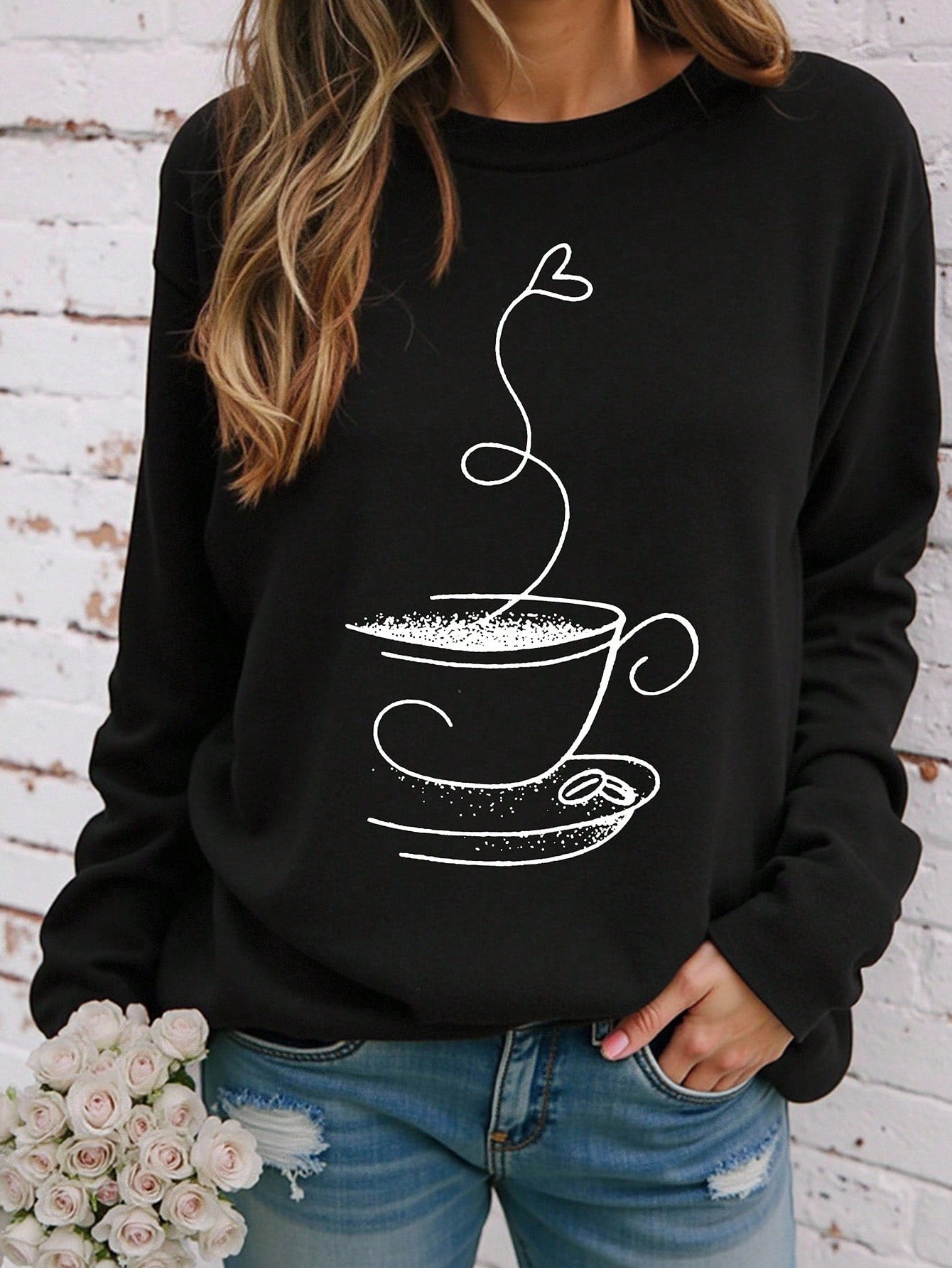 EMERY ROSE Women's Casual Tea Cup Print Round Neck Plus Size Long Sleeved T-Shirt For Autumn Graphic Tees Women Tops For Spring Fall