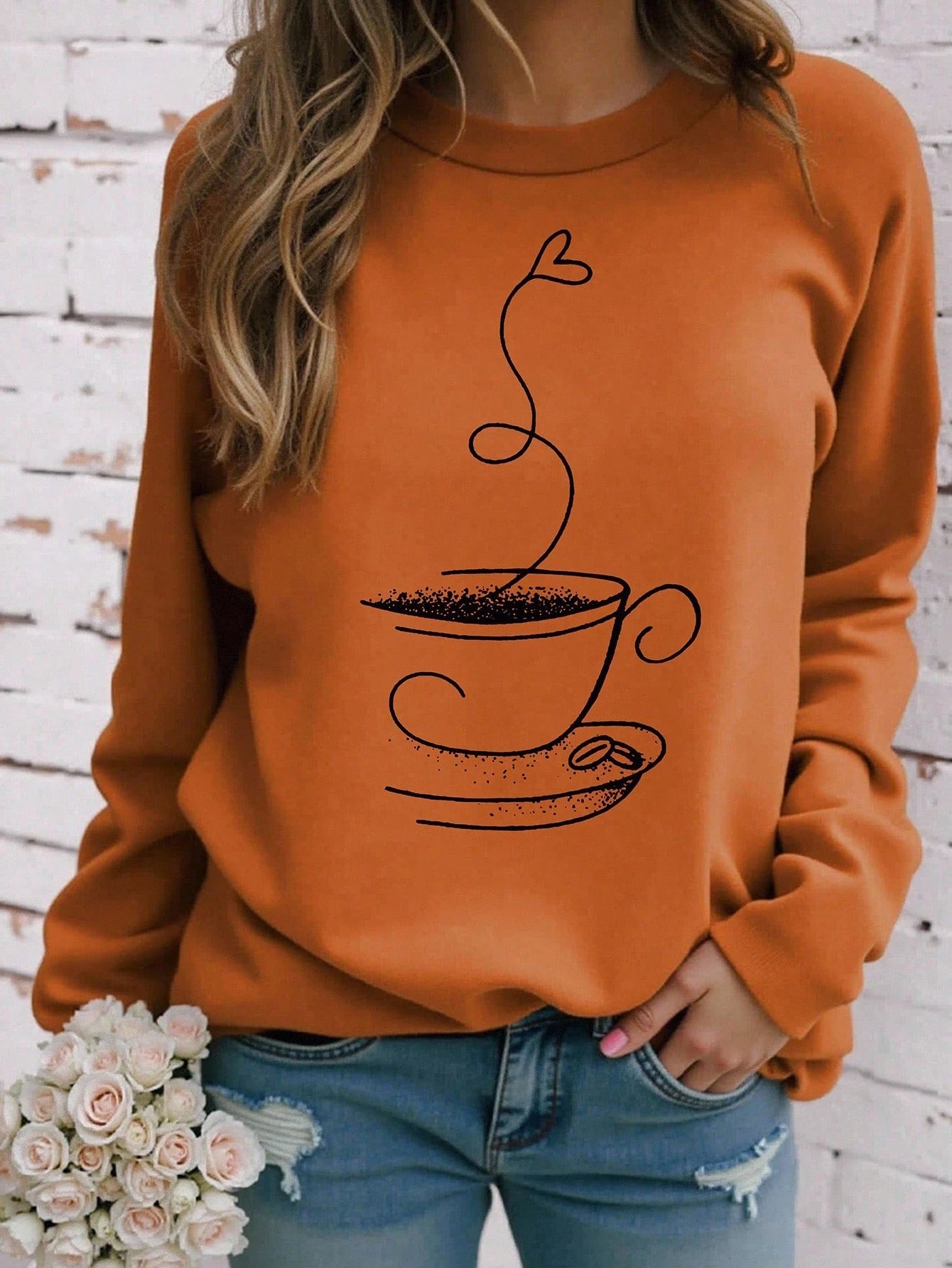 EMERY ROSE Women's Casual Tea Cup Print Round Neck Plus Size Long Sleeved T-Shirt For Autumn Graphic Tees Women Tops For Spring Fall