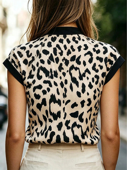 EMERY ROSE Women's Leopard Print Cap Sleeve Shirt, Versatile For Outings