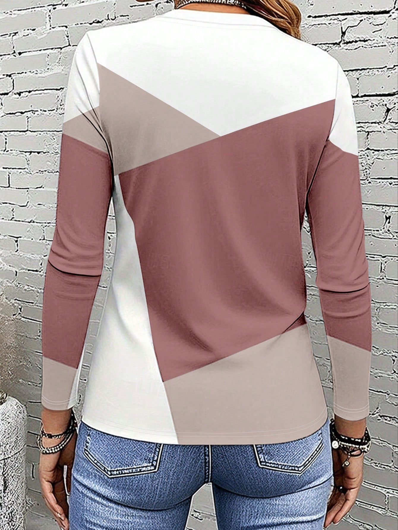 EMERY ROSE Women's Long Sleeve T-Shirt,Dusty Pink Color Block Patchwork Graphic Print Top,Autumn Casual Everyday Classic Pattern Design,Outdoor,Travel & Holiday
