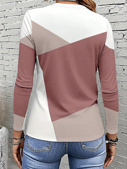 EMERY ROSE Women's Long Sleeve T-Shirt,Dusty Pink Color Block Patchwork Graphic Print Top,Autumn Casual Everyday Classic Pattern Design,Outdoor,Travel & Holiday