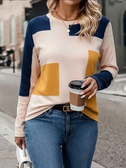EMERY ROSE Women's Long Sleeve T-Shirt,Dusty Pink Color Block Patchwork Graphic Print Top,Autumn Casual Everyday Classic Pattern Design,Outdoor,Travel & Holiday