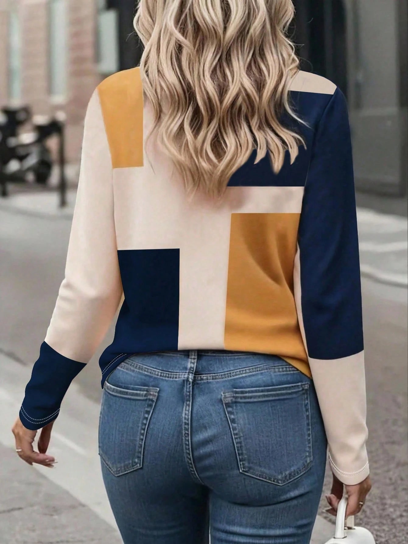 EMERY ROSE Women's Long Sleeve T-Shirt,Dusty Pink Color Block Patchwork Graphic Print Top,Autumn Casual Everyday Classic Pattern Design,Outdoor,Travel & Holiday