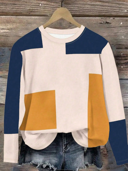 EMERY ROSE Women's Long Sleeve T-Shirt,Dusty Pink Color Block Patchwork Graphic Print Top,Autumn Casual Everyday Classic Pattern Design,Outdoor,Travel & Holiday