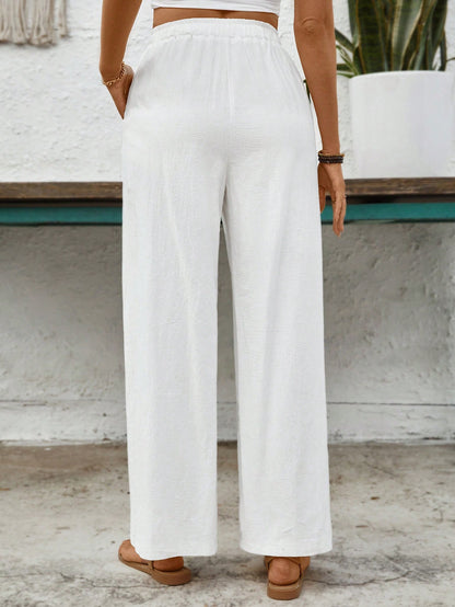 EMERY ROSE Women's Solid Color Front Tie Pocket Minimalist Casual Pants, For Everyday Wear Fall Cloth For Women