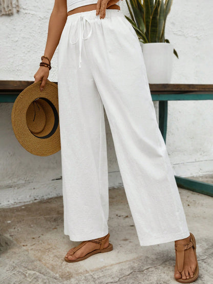 EMERY ROSE Women's Solid Color Front Tie Pocket Minimalist Casual Pants, For Everyday Wear Fall Cloth For Women