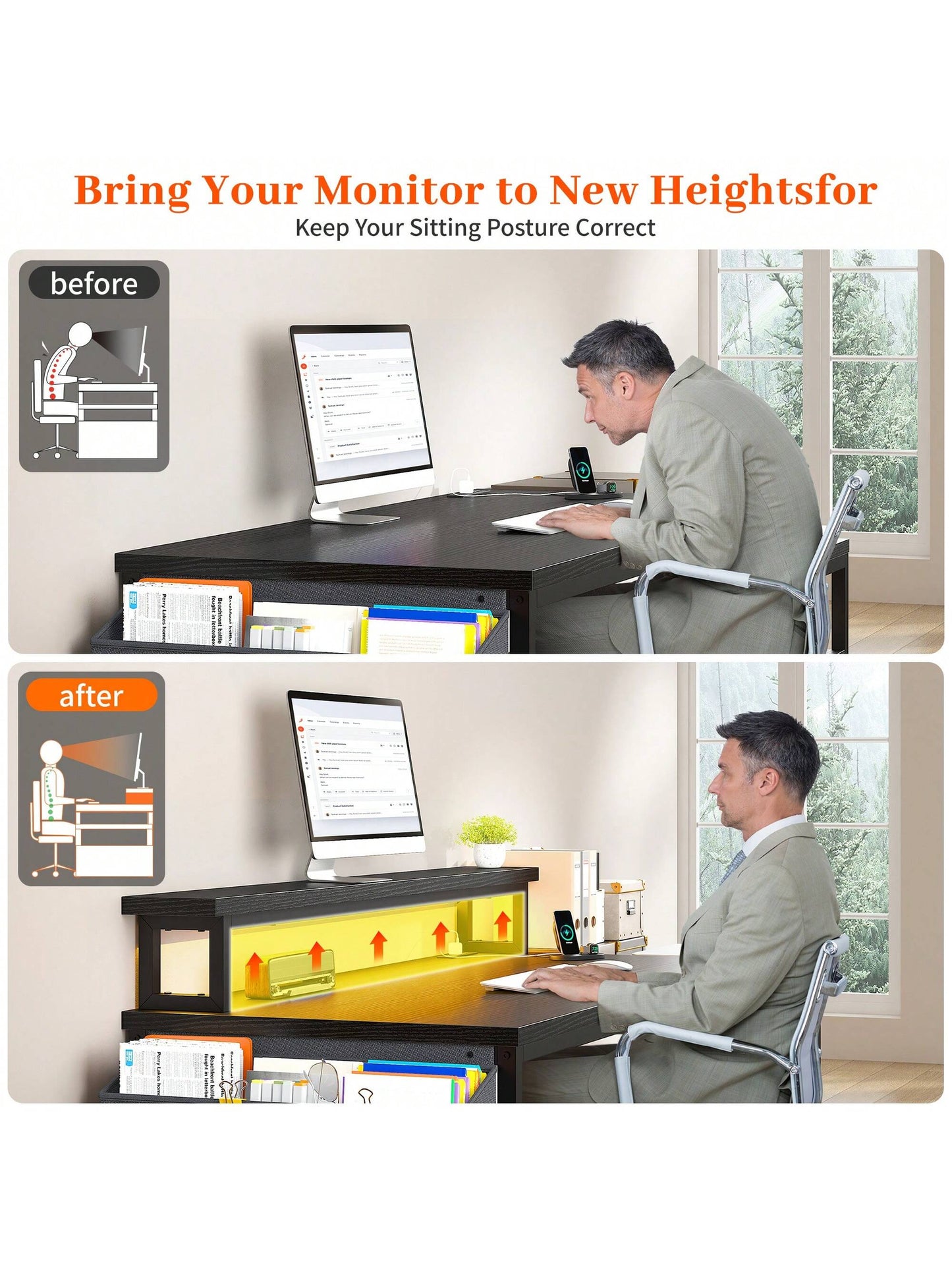 EnHomee 56.5" Computer Desk With File Drawers Cabinet, Study Writing Gaming Desk With Power Outlets, Home Office Desk With Shelves Monitor Stand, Work Table With Printer Space
