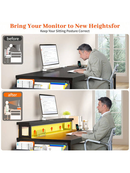 EnHomee 56.5" Computer Desk With File Drawers Cabinet, Study Writing Gaming Desk With Power Outlets, Home Office Desk With Shelves Monitor Stand, Work Table With Printer Space
