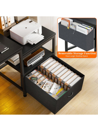 EnHomee 56.5" Computer Desk With File Drawers Cabinet, Study Writing Gaming Desk With Power Outlets, Home Office Desk With Shelves Monitor Stand, Work Table With Printer Space
