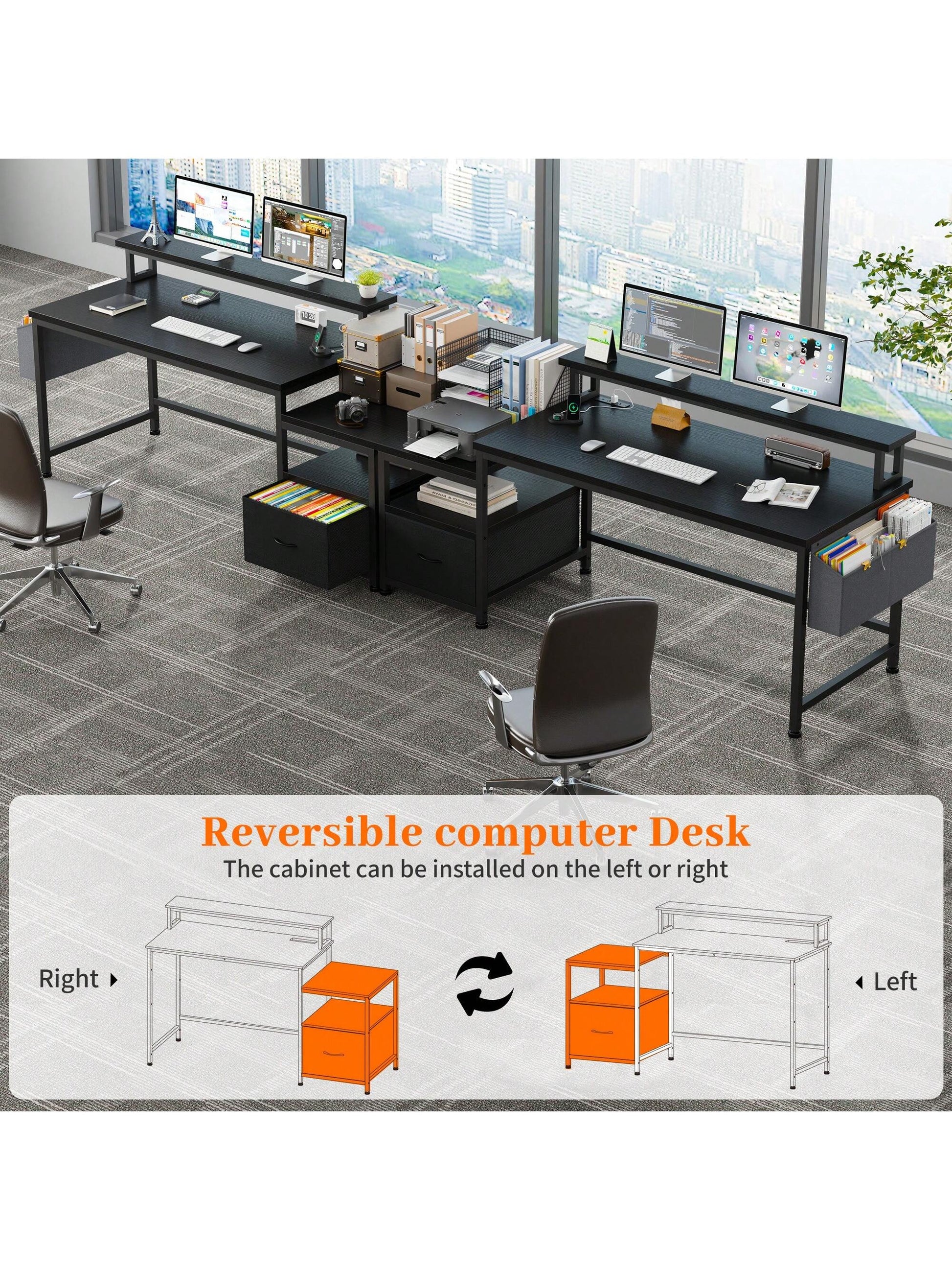 EnHomee 56.5" Computer Desk With File Drawers Cabinet, Study Writing Gaming Desk With Power Outlets, Home Office Desk With Shelves Monitor Stand, Work Table With Printer Space