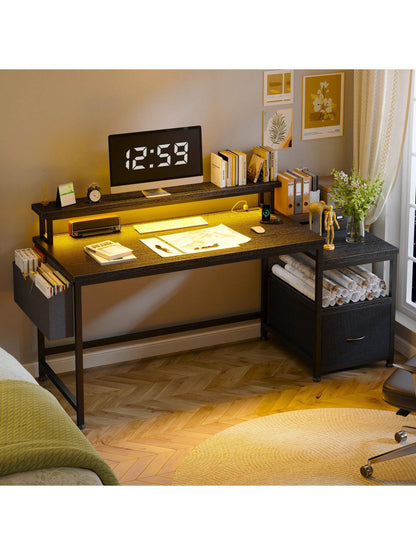 EnHomee 56.5" Computer Desk With File Drawers Cabinet, Study Writing Gaming Desk With Power Outlets, Home Office Desk With Shelves Monitor Stand, Work Table With Printer Space