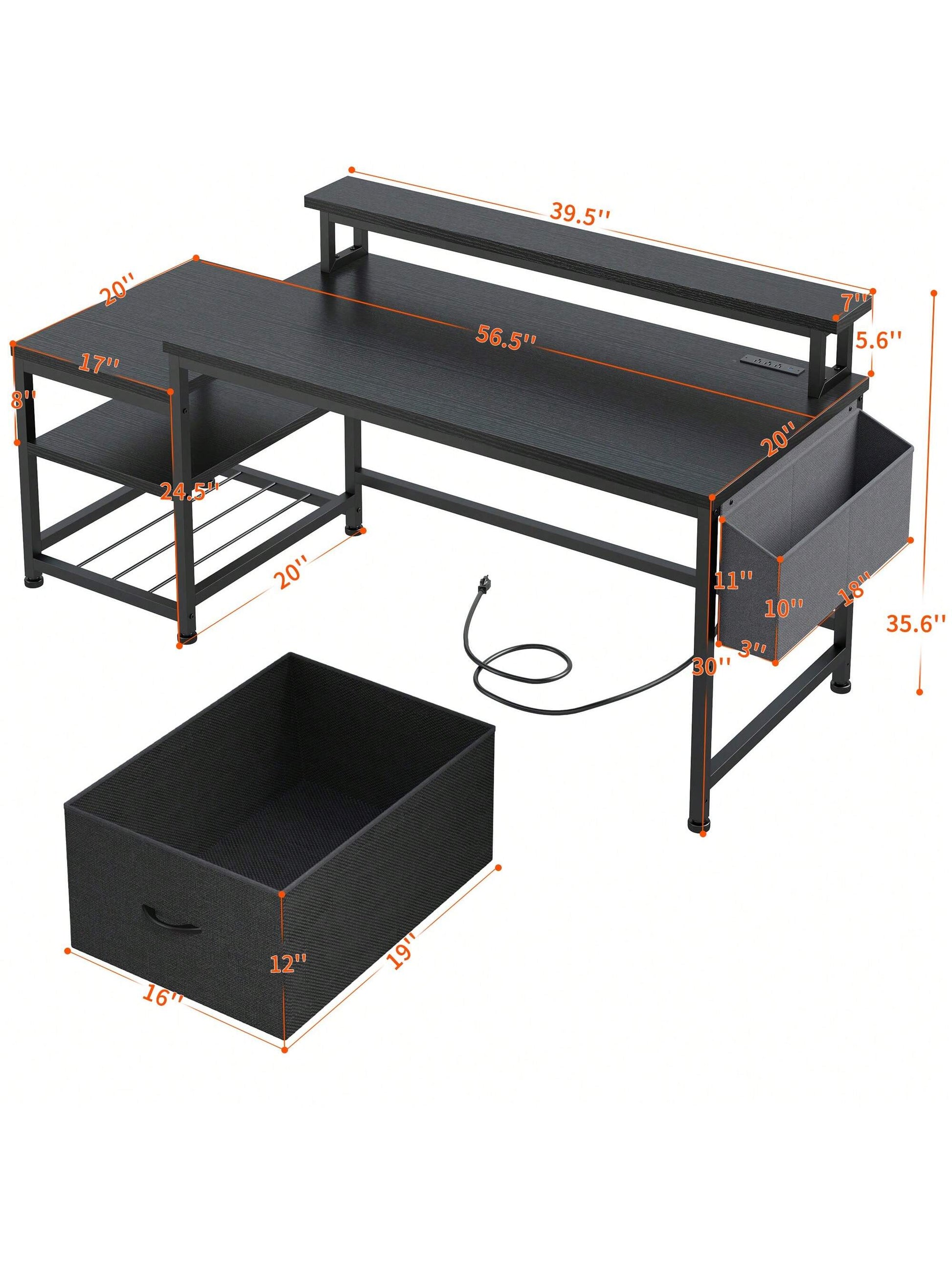 EnHomee 56.5" Computer Desk With File Drawers Cabinet, Study Writing Gaming Desk With Power Outlets, Home Office Desk With Shelves Monitor Stand, Work Table With Printer Space