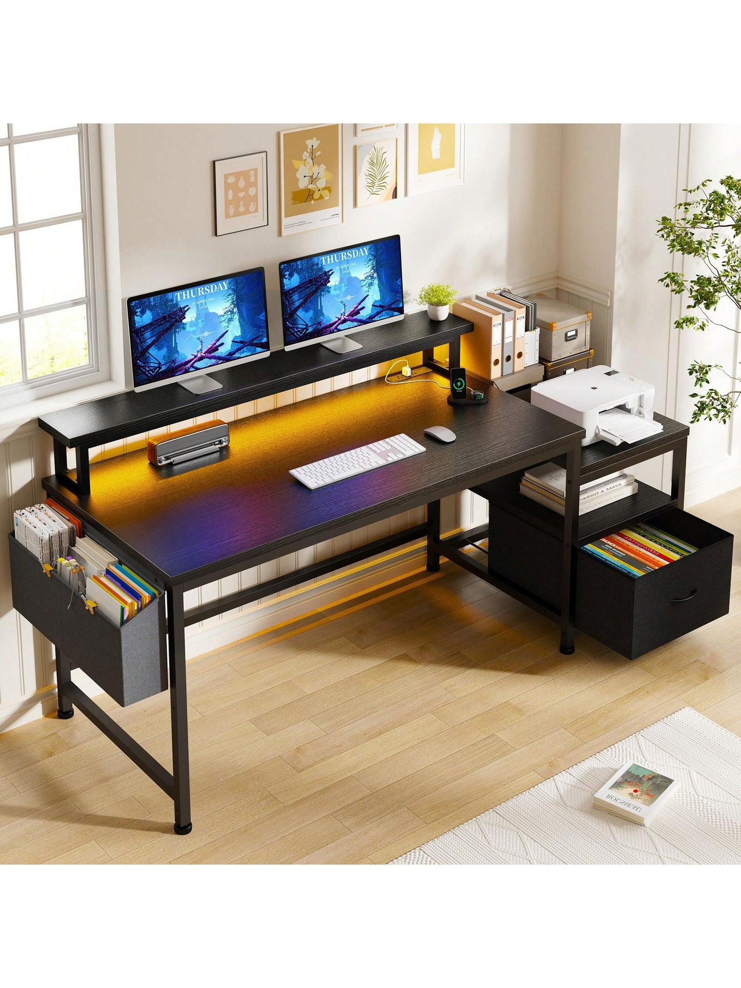 EnHomee 56.5" Computer Desk With File Drawers Cabinet, Study Writing Gaming Desk With Power Outlets, Home Office Desk With Shelves Monitor Stand, Work Table With Printer Space
