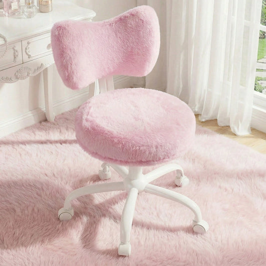 EnHomee Vanity Swivel Chair With Back, Wheels & Adjustable Height, Fluffy Faux Rabbit Fur Comfy Desk Chair For Make-Up Room, Bedroom, Dorm, Cute Bow Backrest, Baby Pink
