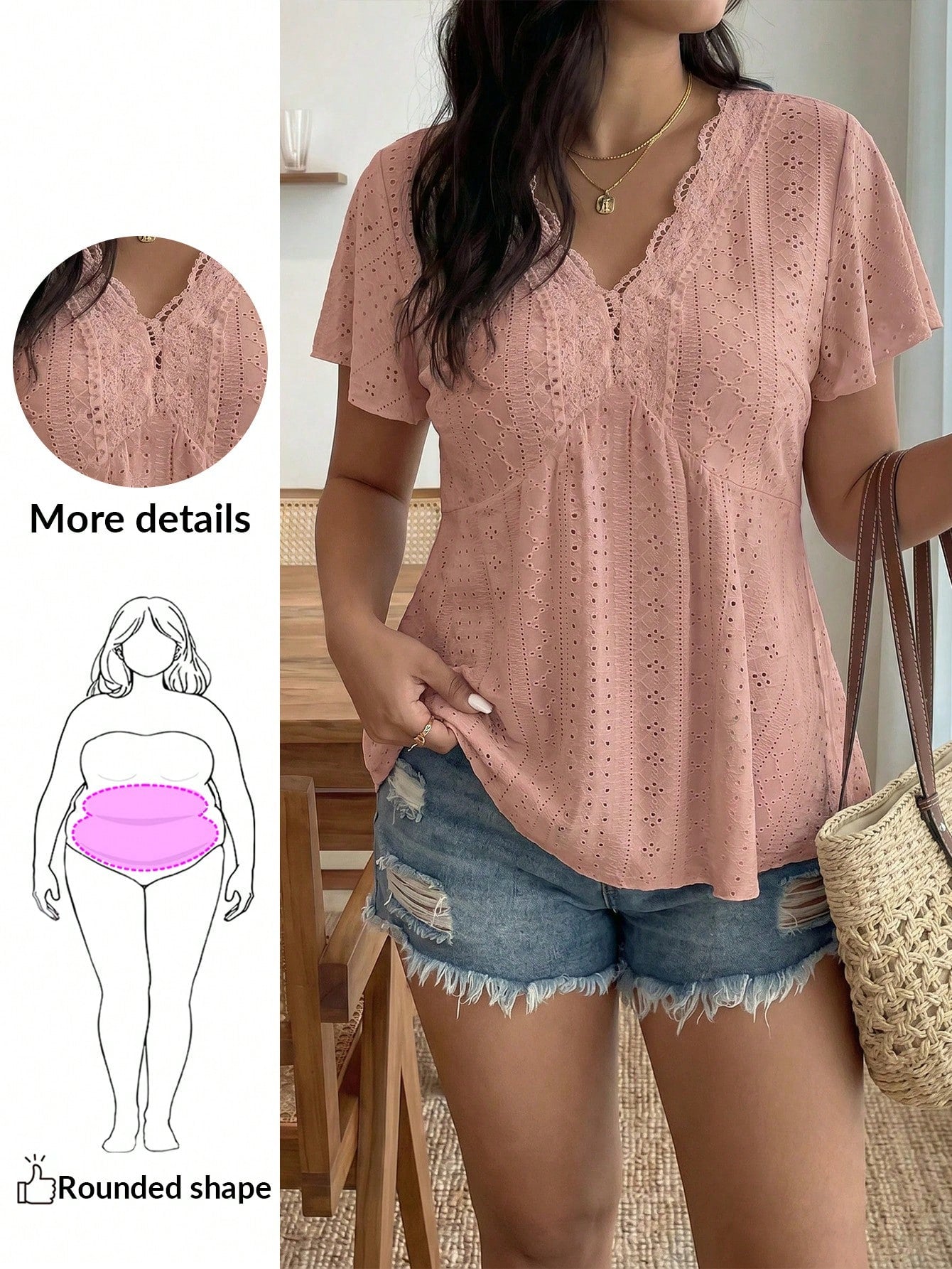 Enliva Jolene.Mendez Plus Size Women's Lace Patchwork Ruffle Short Sleeve T-Shirt, For Apple Rounded Body Shape, For Summer