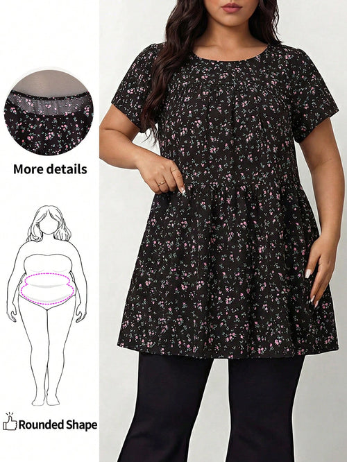 Enliva Plus Size Women's Ditsy Floral Round Neck Short Sleeve Casual Summer Shirt For Women, Vacation Holiday Boho Autumn Fall Teacher Top For Women, Flower/Spring, For Apple And Rounded Body Shape