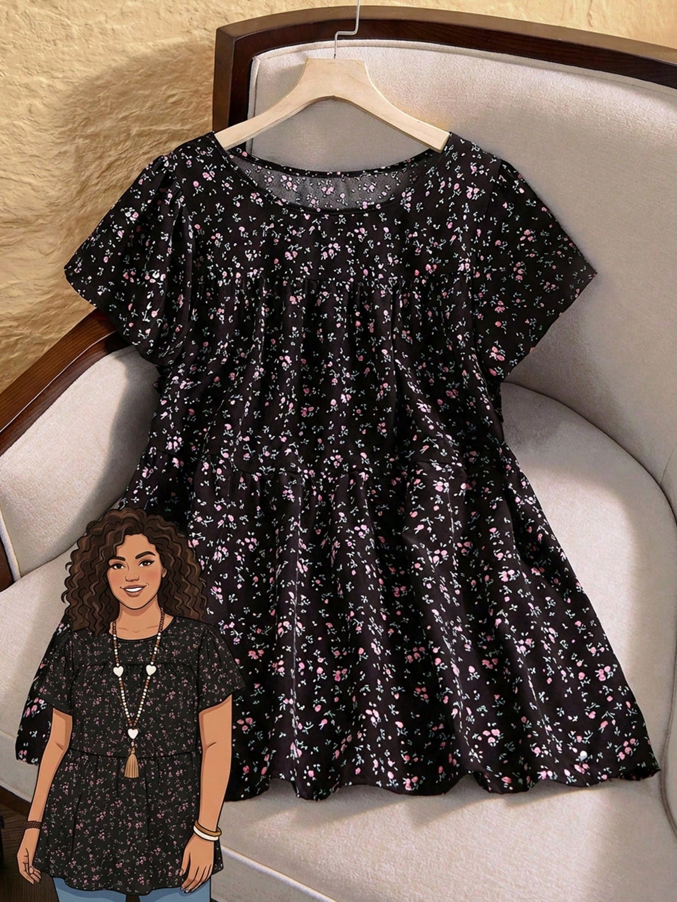 Enliva Plus Size Women's Ditsy Floral Round Neck Short Sleeve Casual Summer Shirt For Women, Vacation Holiday Boho Autumn Fall Teacher Top For Women, Flower/Spring, For Apple And Rounded Body Shape