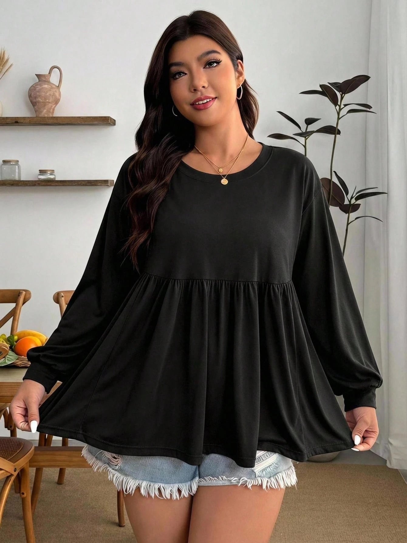 Enliva Plus Size Women's Long Sleeve T-Shirt, Casual Lightweight Basic Top For Everyday Wear